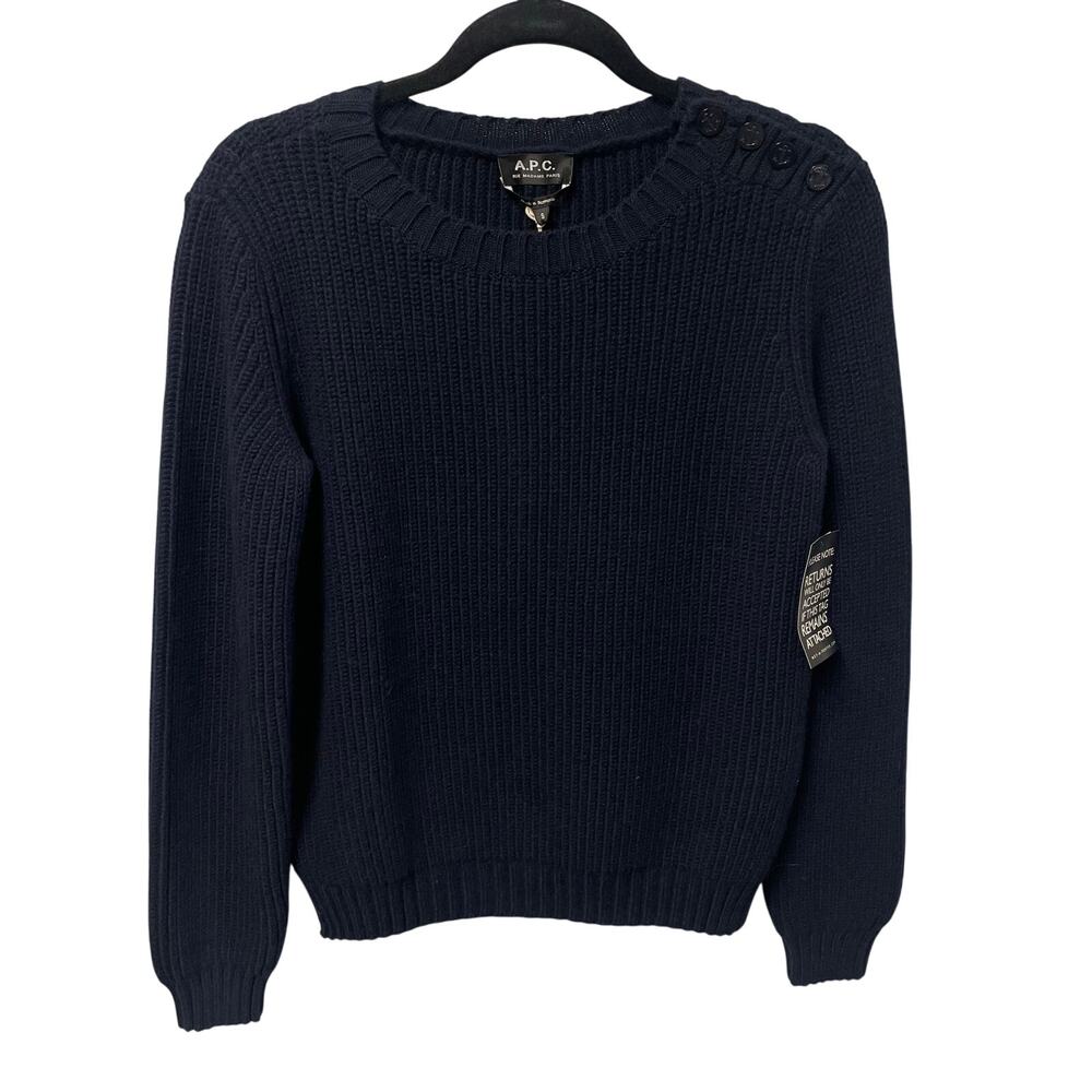 NWT A.P.C. Wool Cashmere Blend Joelle Sweater Marine Navy Anchor Buttons Small